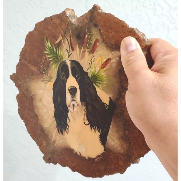 Hand Painted Agate Slab Art Of English Springer Spaniel Portrait 8x7" Signed - Picture 6 of 11